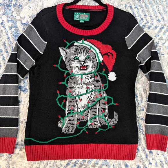 Ugly Christmas Sweater - Kitten Wrapped In String Lights in Size Medium - Picture 1 of 11